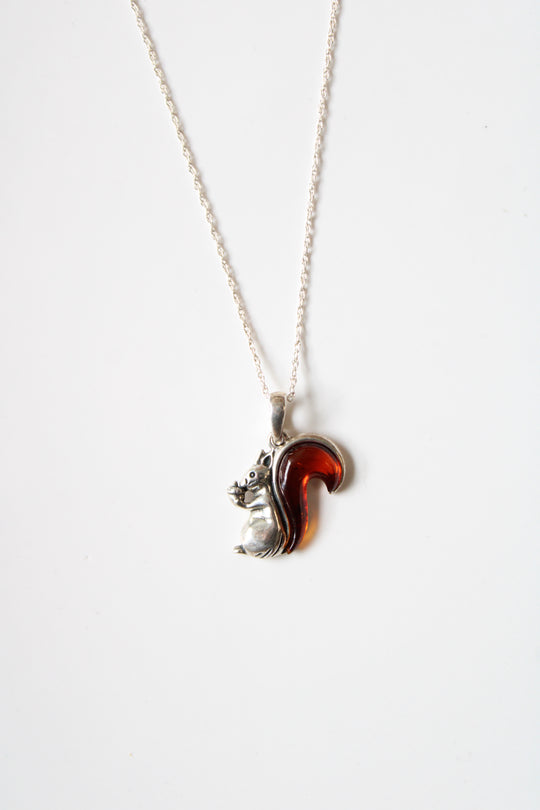 Amber Squirrel Sterling Silver Necklace