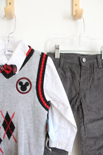 NEW Disney Junior 3-Piece Mickey Gray Argyle Vest & Gray Corduroy Pants Set | 3T