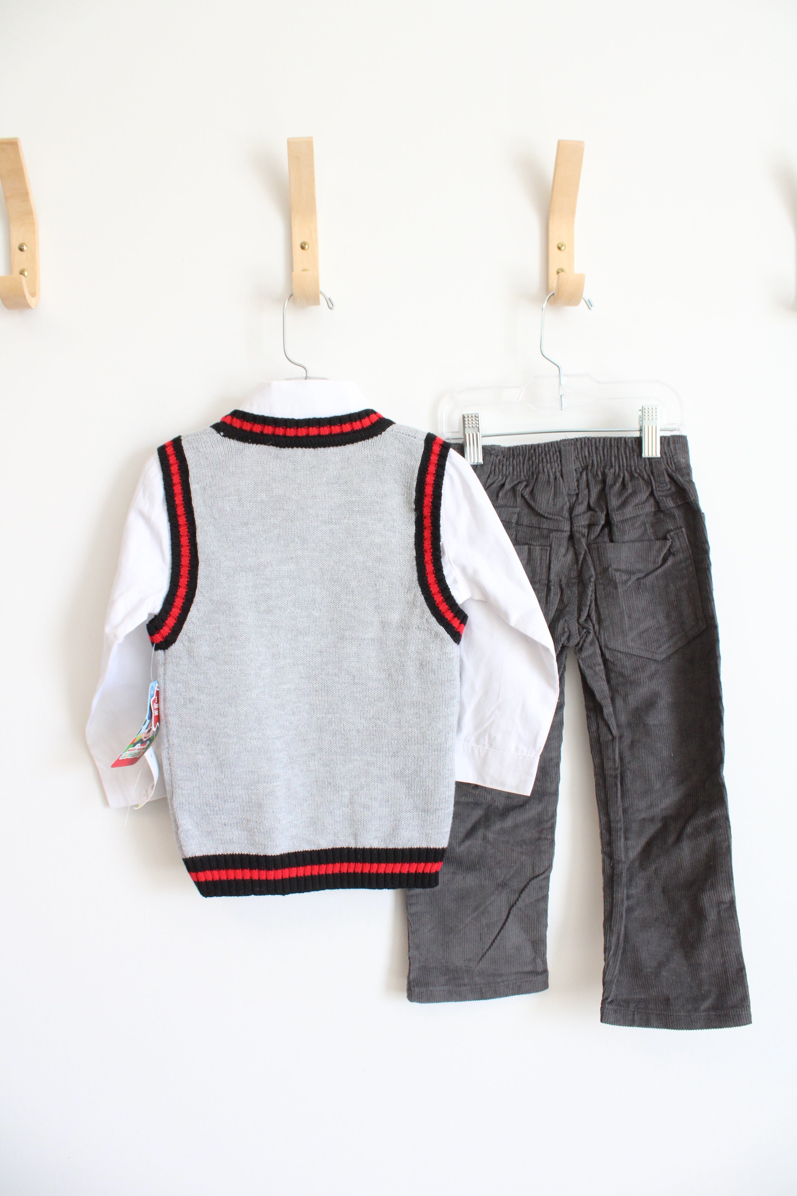 NEW Disney Junior 3-Piece Mickey Gray Argyle Vest & Gray Corduroy Pants Set | 3T