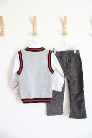 NEW Disney Junior 3-Piece Mickey Gray Argyle Vest & Gray Corduroy Pants Set | 3T