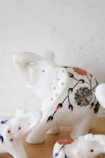 Vintage White Marble Floral Elephant Figurine Set Of 4