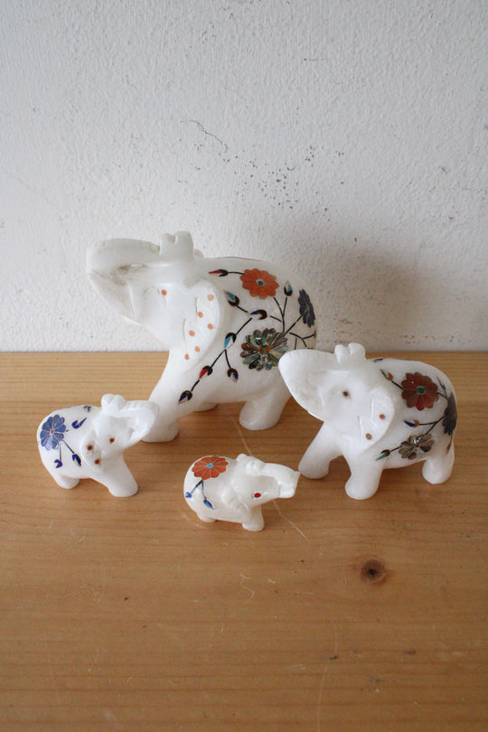Vintage White Marble Floral Elephant Figurine Set Of 4