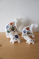Vintage White Marble Floral Elephant Figurine Set Of 4