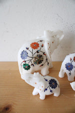 Vintage White Marble Floral Elephant Figurine Set Of 4