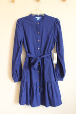 NEW Draper James RSVP Button Front Navy Blue Stripe Wrap With Belt Midi Dress | S