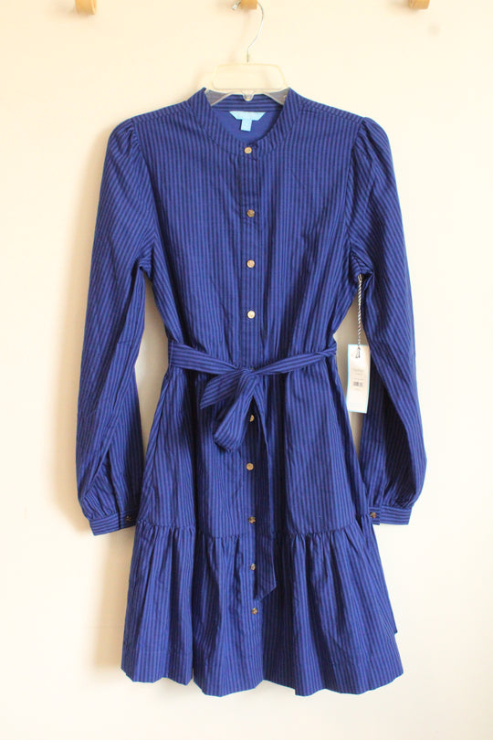 NEW Draper James RSVP Button Front Navy Blue Stripe Wrap With Belt Midi Dress | S