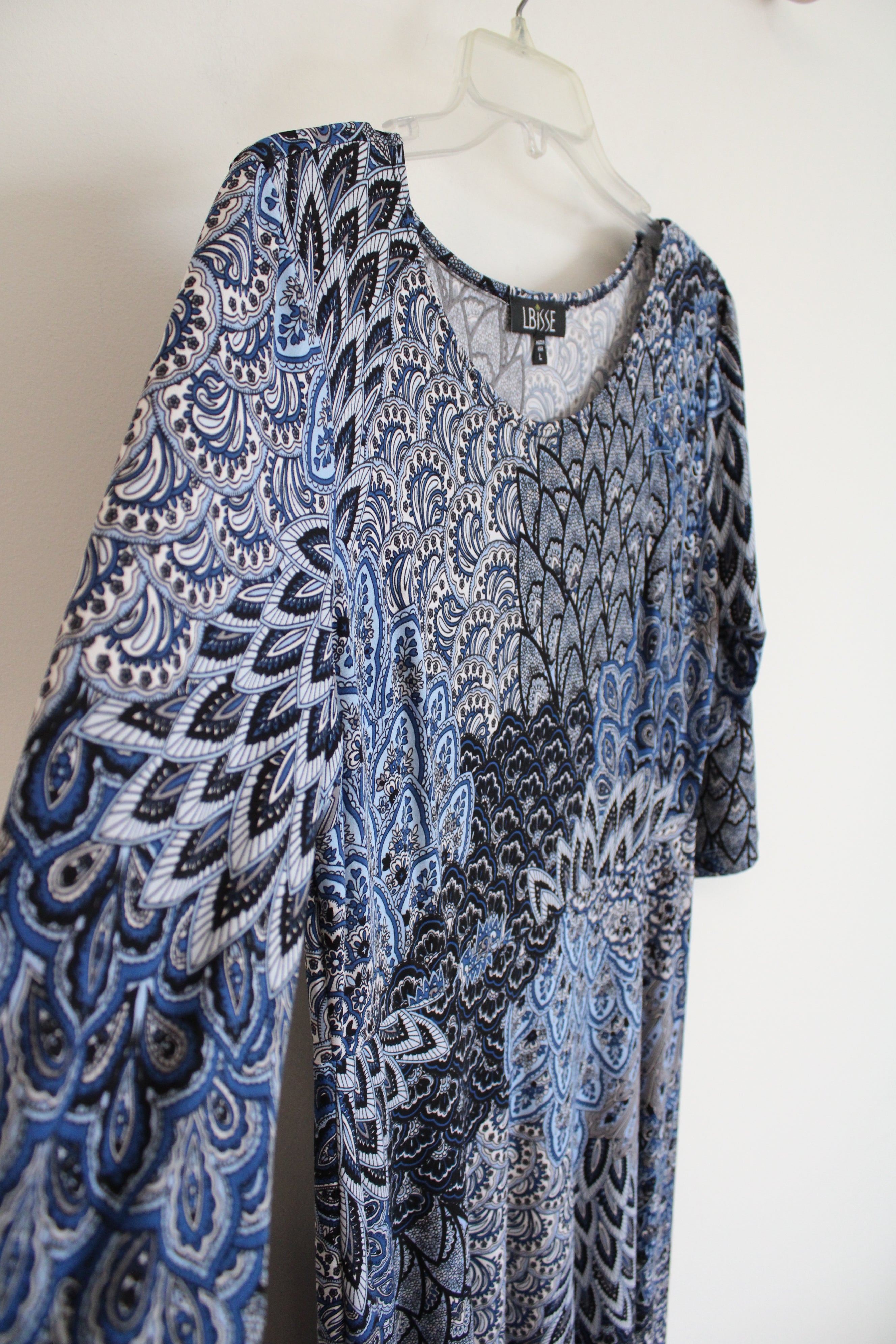 Lbisse Blue & White Patterned Knit Midi Dress | L