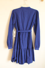 NEW Draper James RSVP Button Front Navy Blue Stripe Wrap With Belt Midi Dress | S