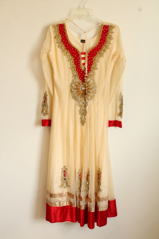 Traditional Red Embroidered Indian Kurta Dress | L