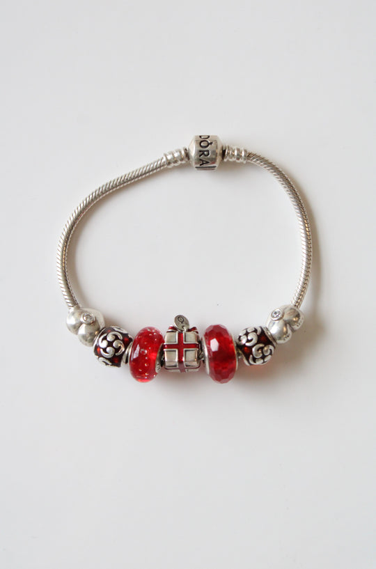 Pandora Red Sterling Silver Beaded Gift Box Charm Bracelet