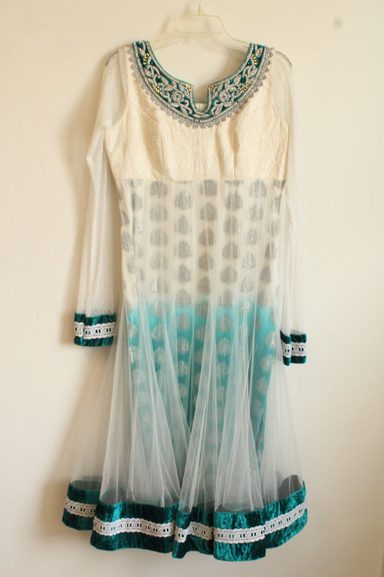 Traditional Teal and White Embroidered Indian Kurta Dress | L