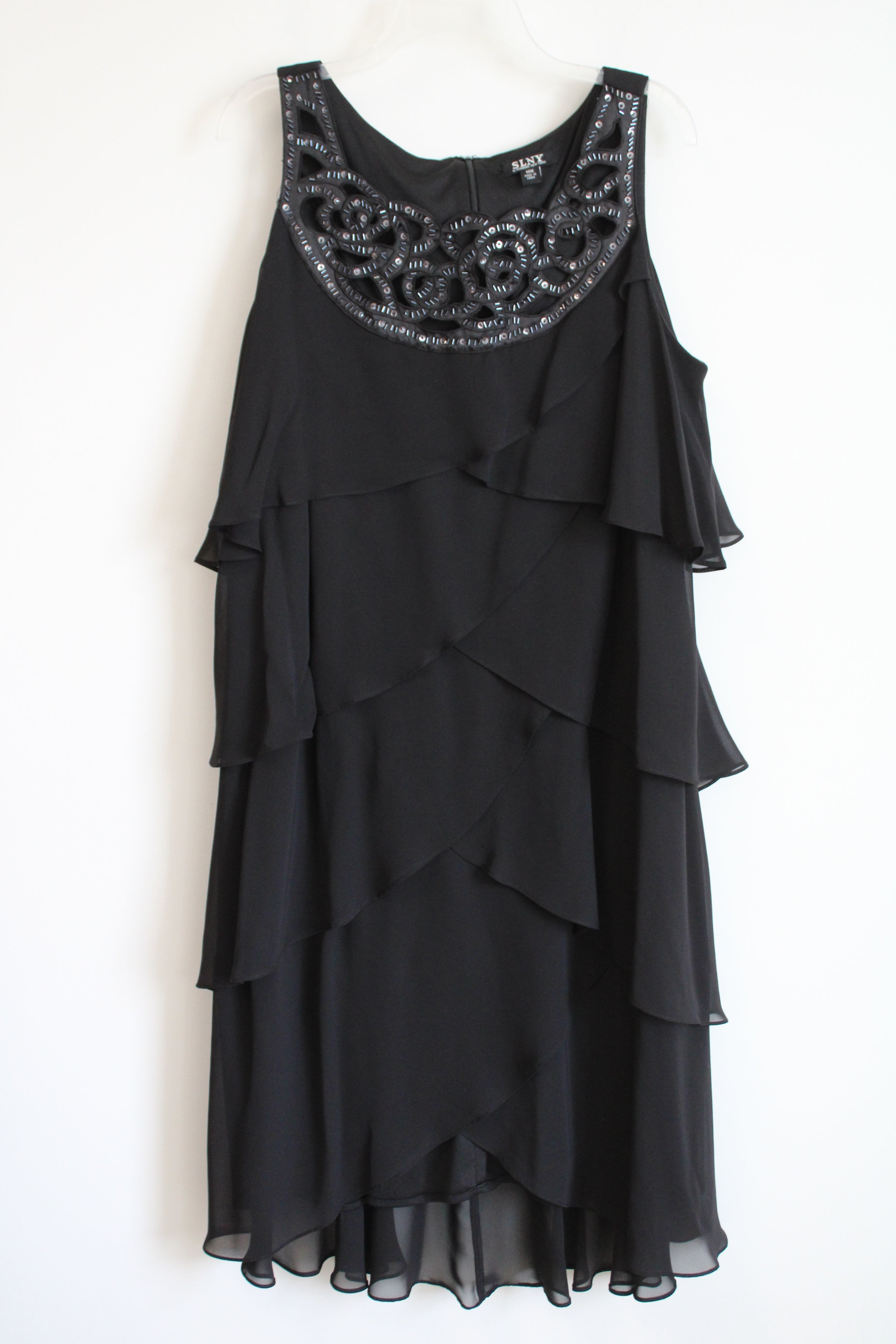 chinese dress ladies SLNY Black Chiffon Layered Cocktail Dress with Chain Detail – SilkRoll main image 0