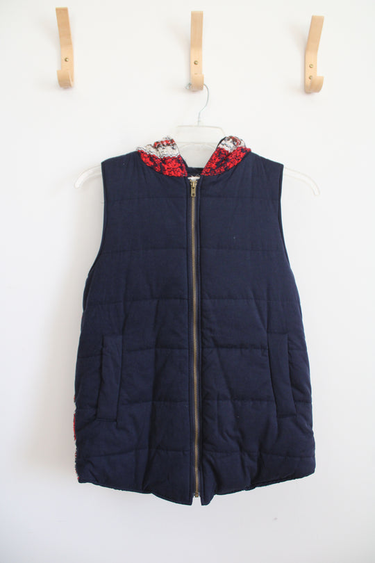 Oddy Red Blue & White Woven Back Navy Hooded Vest | S