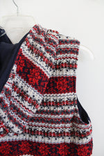 Oddy Red Blue & White Woven Back Navy Hooded Vest | S