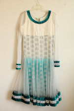 Traditional Teal and White Embroidered Indian Kurta Dress | L