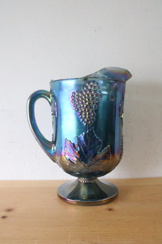 Indiana Glass Vintage Harvest Grape Blue Iridescent Carnival Glass Pitcher