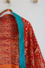 Red & Gold Floral Blue Edged Shawl