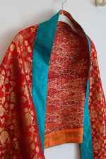 Red & Gold Floral Blue Edged Shawl