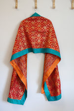 Red & Gold Floral Blue Edged Shawl