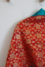 Red & Gold Floral Blue Edged Shawl
