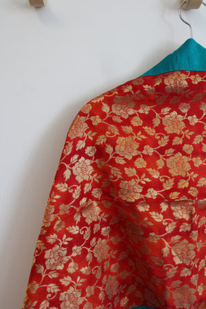 Red & Gold Floral Blue Edged Shawl