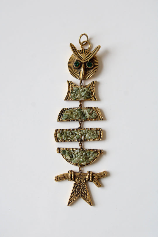 Vintage Jade Chip Owl Necklace Pendant