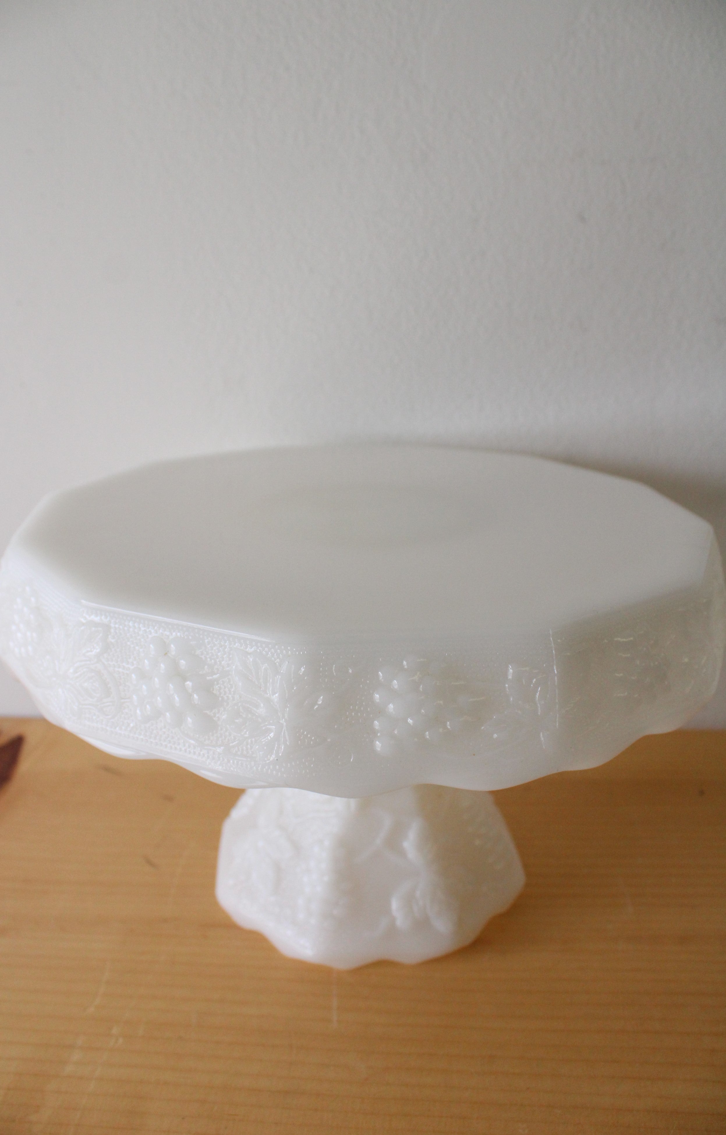 White Milk Glass Grape Leaves Patterned Cake Stand