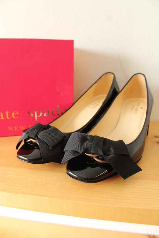 Kate Spade Black Dale Bow Patent Leather Block Heel | Size 6