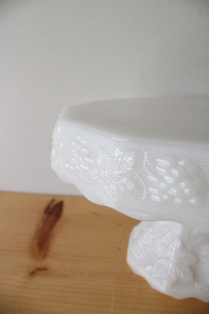 White Milk Glass Grape Leaves Patterned Cake Stand