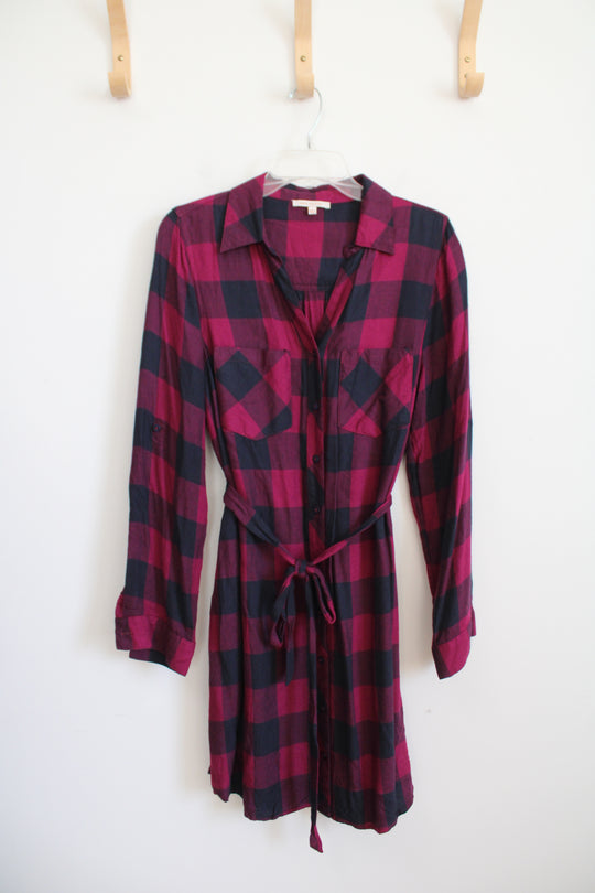 Skies Are Blue Navy & Pink Plaid Button Down Dress | L