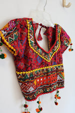 Red Patterned Sequined Beaded Tassels Cropped Top