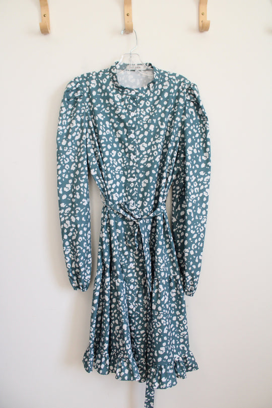 Grace Karin Green & White Patterned Button Down Long Sleeved Dress | L