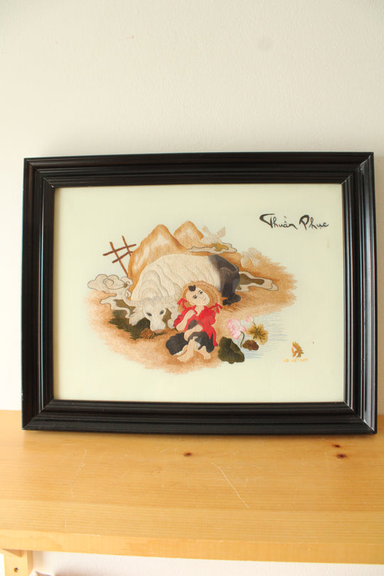 Vietnamese Hand Embroidered Ox and Boy Picture in Frame