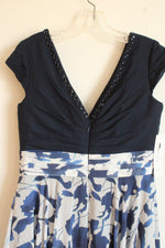 NEW Sweetheart Love Navy Blue and White Floral Cap Sleeve Pleated Bodice Evening Dress | 14