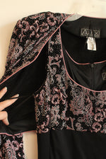 Alex Evenings Black and Pink Sequin and Beaded Patterned 2 Piece Set- Jacket and Dress | 12