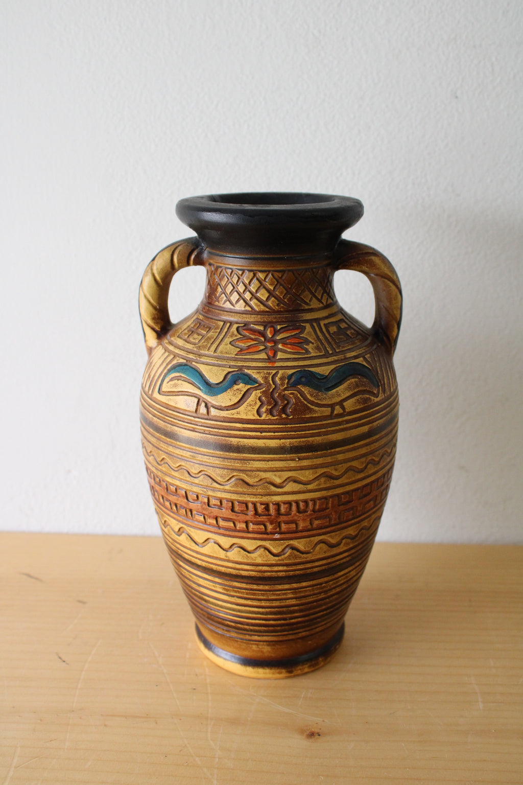Greek Style Craved & Painted Ceramic Urn