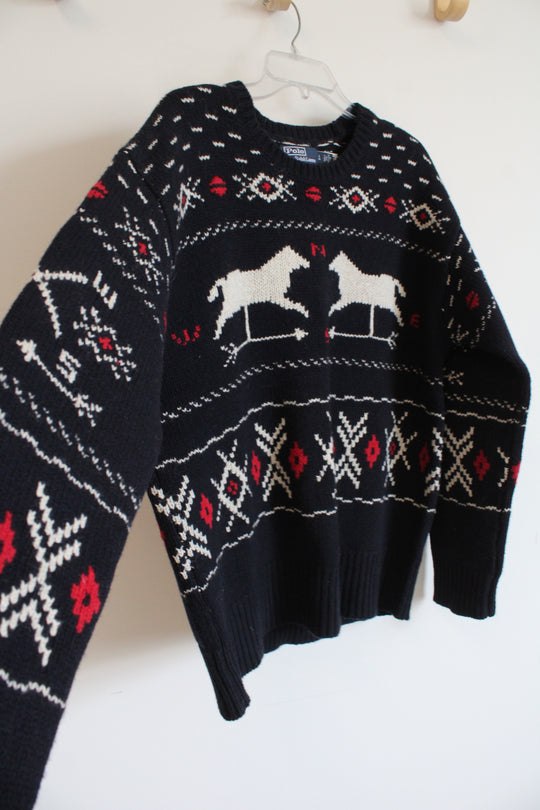 Ralph Lauren Polo Wool & Silk Knit Navy Weathervane Pattern Sweater | L