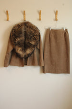 Ultrasuede Lilli Ann Tan Solid Faux Fur Trim Jacket and Skirt Set | 6