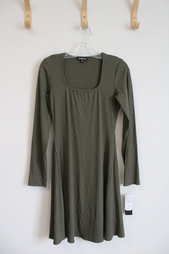 Bebe Olive Green Ribbed Long Sleeved Dress | S