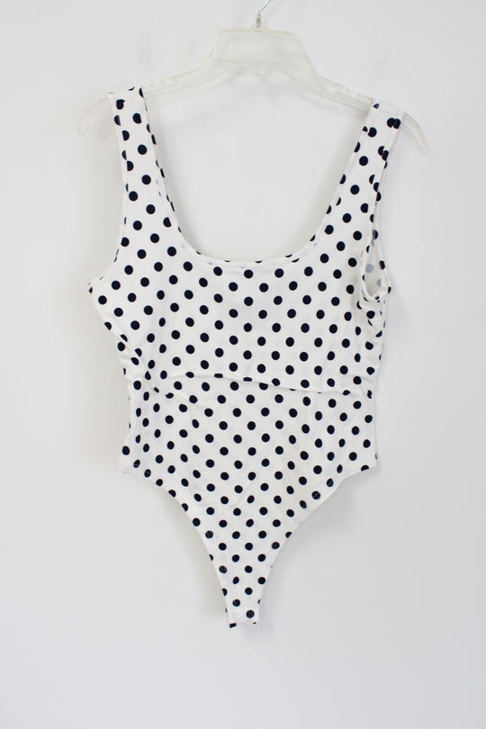 NEW Teenbell White Navy Blue Polka Dotted Bodysuit Tank | XL