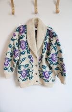 Icelandic Design Purple Rose Wool Knit Cardigan Sweater | XL