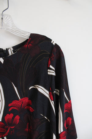 Ann Taylor Black Red Floral 3/4 Sleeve Dress