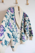 Icelandic Design Purple Rose Wool Knit Cardigan Sweater | XL