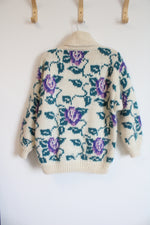 Icelandic Design Purple Rose Wool Knit Cardigan Sweater | XL