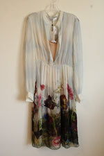 NEW Oscar De La Renta Ivory Multi Floral Print Long Sleeve Button Down Maxi Dress with Beige Camisole | 10