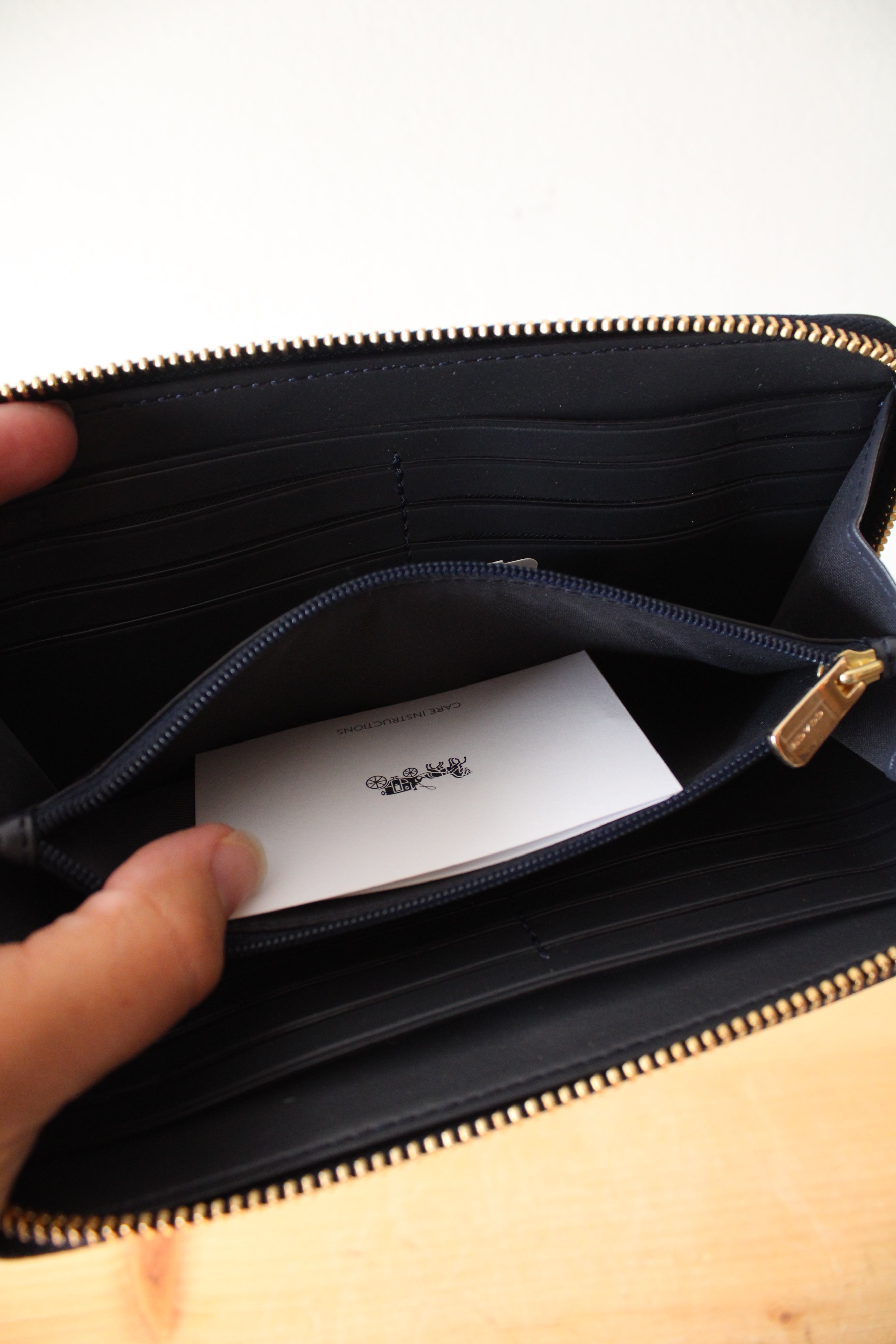 NEW Coach Signature Debossed Patent Leather Midnight Blue Accordion Zip Wallet