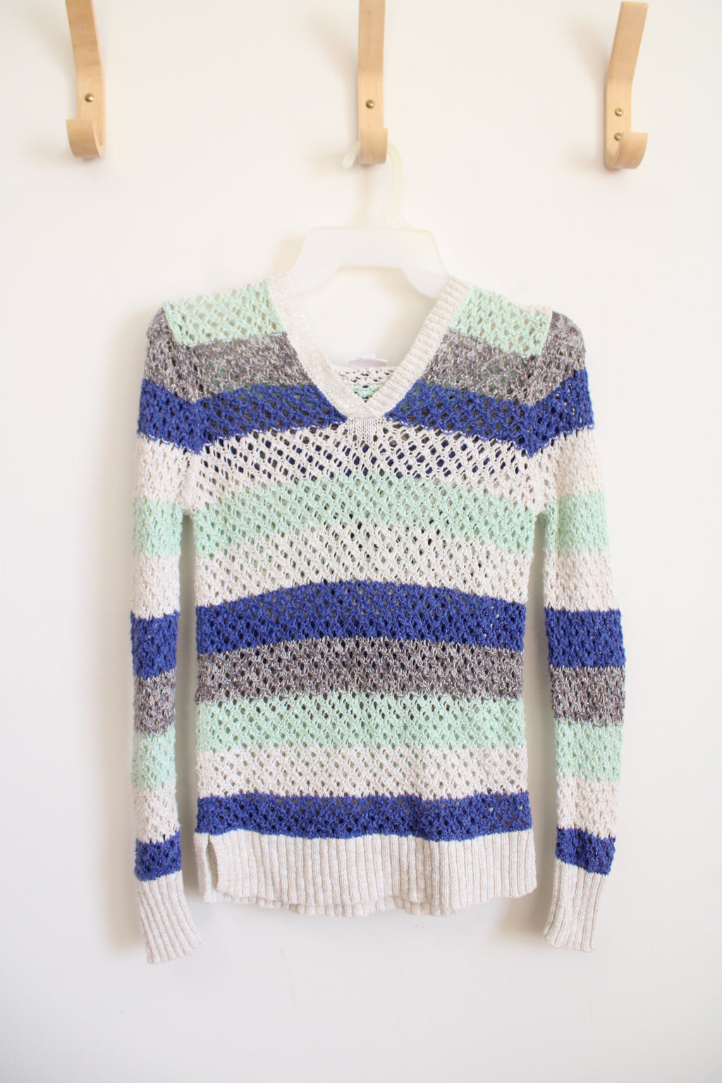 Justice Blue Gray Green White Striped Shimmer Crocheted Hoodie | Youth 12