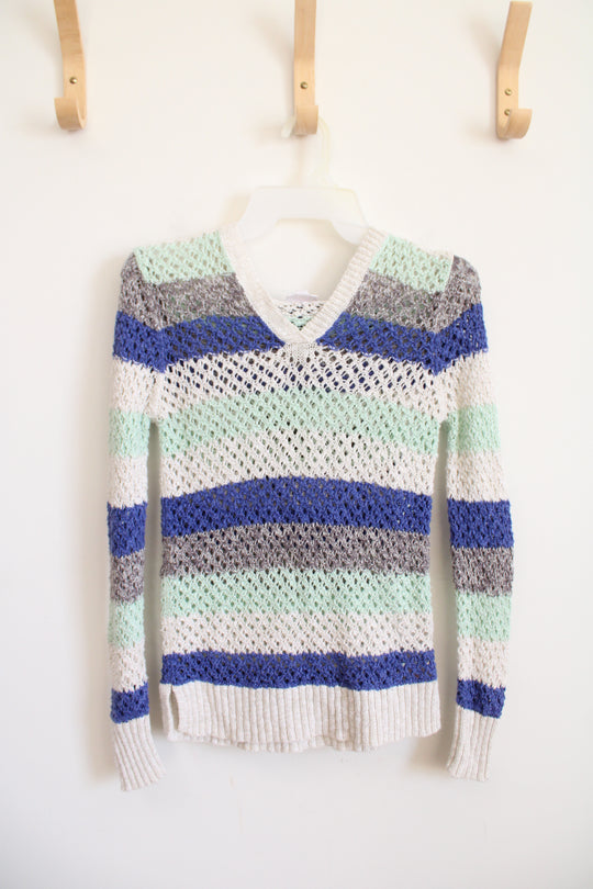 Justice Blue Gray Green White Striped Shimmer Crocheted Hoodie | Youth 12