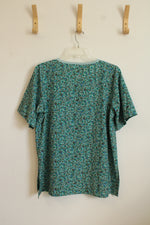 Lands' End Green Floral Short Sleeve Shirt | L