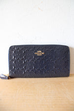 NEW Coach Signature Debossed Patent Leather Midnight Blue Accordion Zip Wallet